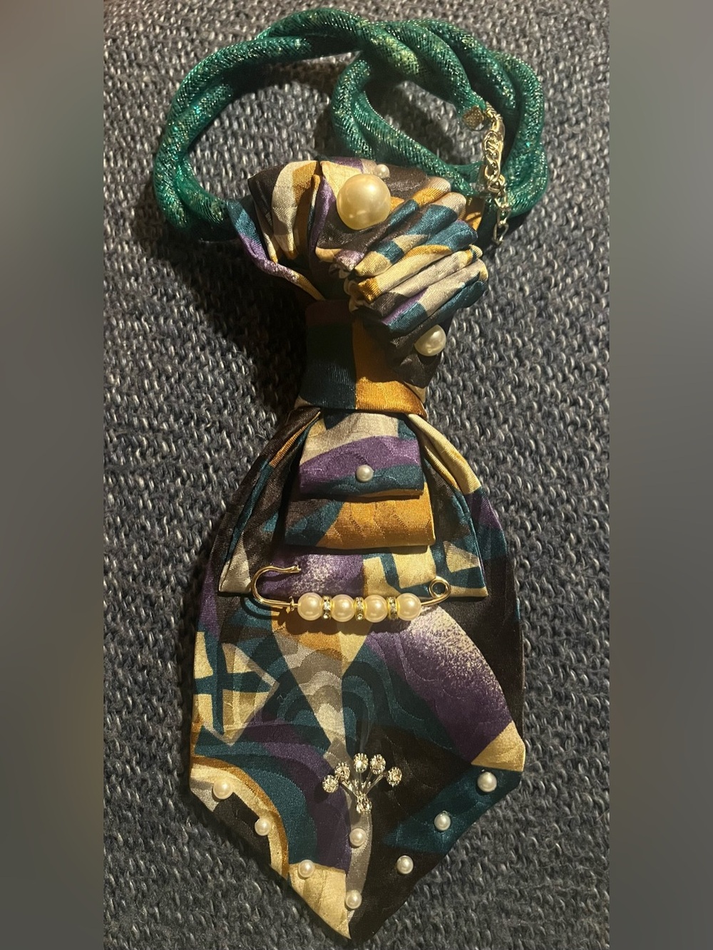 Pearl-Embellished Multicolor Silk Tie Necklace
